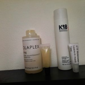 Olaplex No.4 Shampoo in 15ml tube with K18 molecular repair mask in 10ml tube